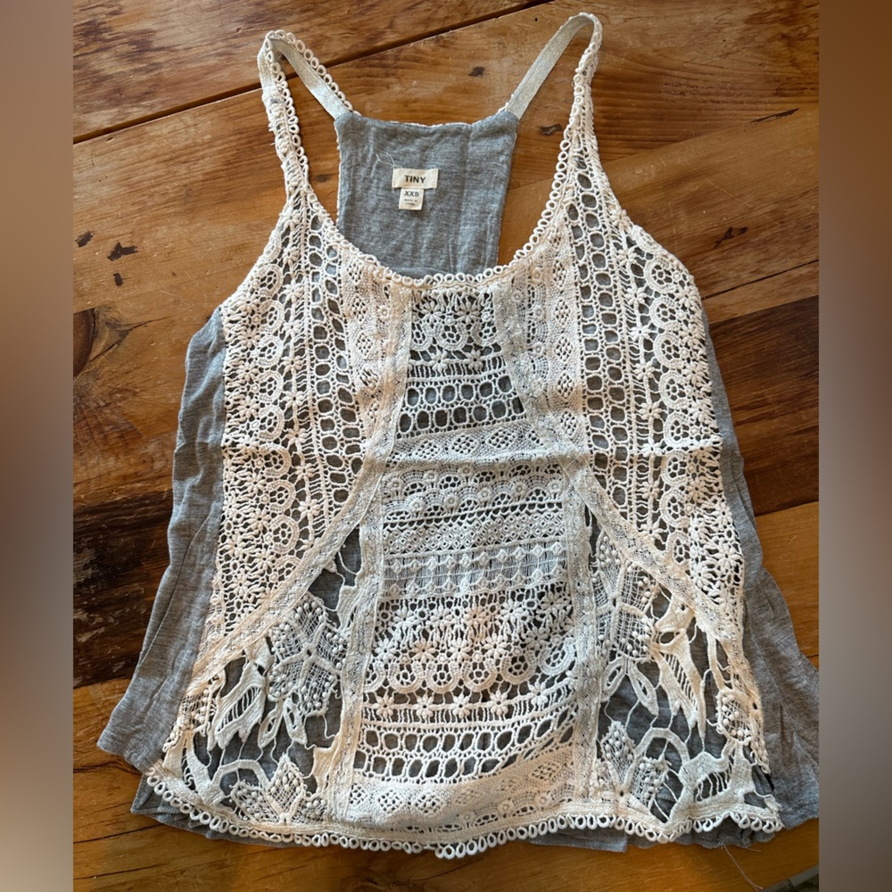 Cropped Gray and Cream Embellished Tank Top